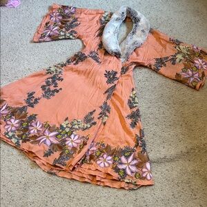 Free People Floral Kimono with Removable Faux Fur Collar